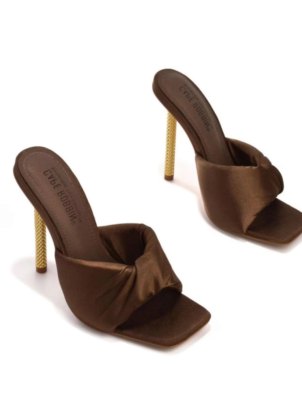 Cape Robbin Brown Satin Knot Mule Heels W/ Gold Textured Stiletto Size 11 NWB